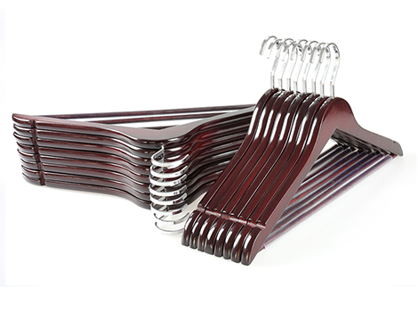 Luxury Glossy Finish Mahogany Wooden Coat/Suit Hangers with Flat Chrome Hooks & Anti-slip Bar