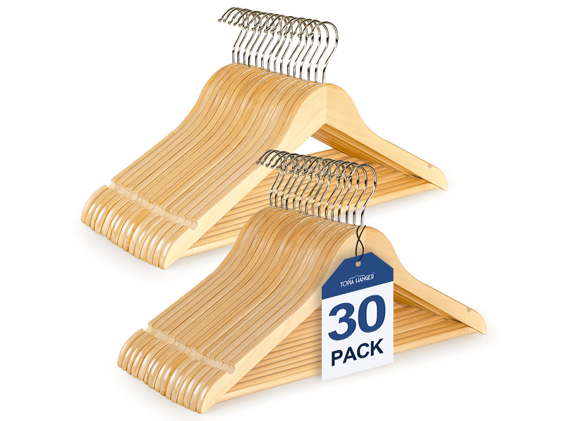TOPIA HANGER Wooden Coat Hangers 30 Pack, Natural Wood Suit Hangers with Non Slip Pants Bar, 360° Swivel Hook and Shoulder Notches for Camisole, Jacket, Pants, Smooth Finish Clothes Hangers -CT34N30
